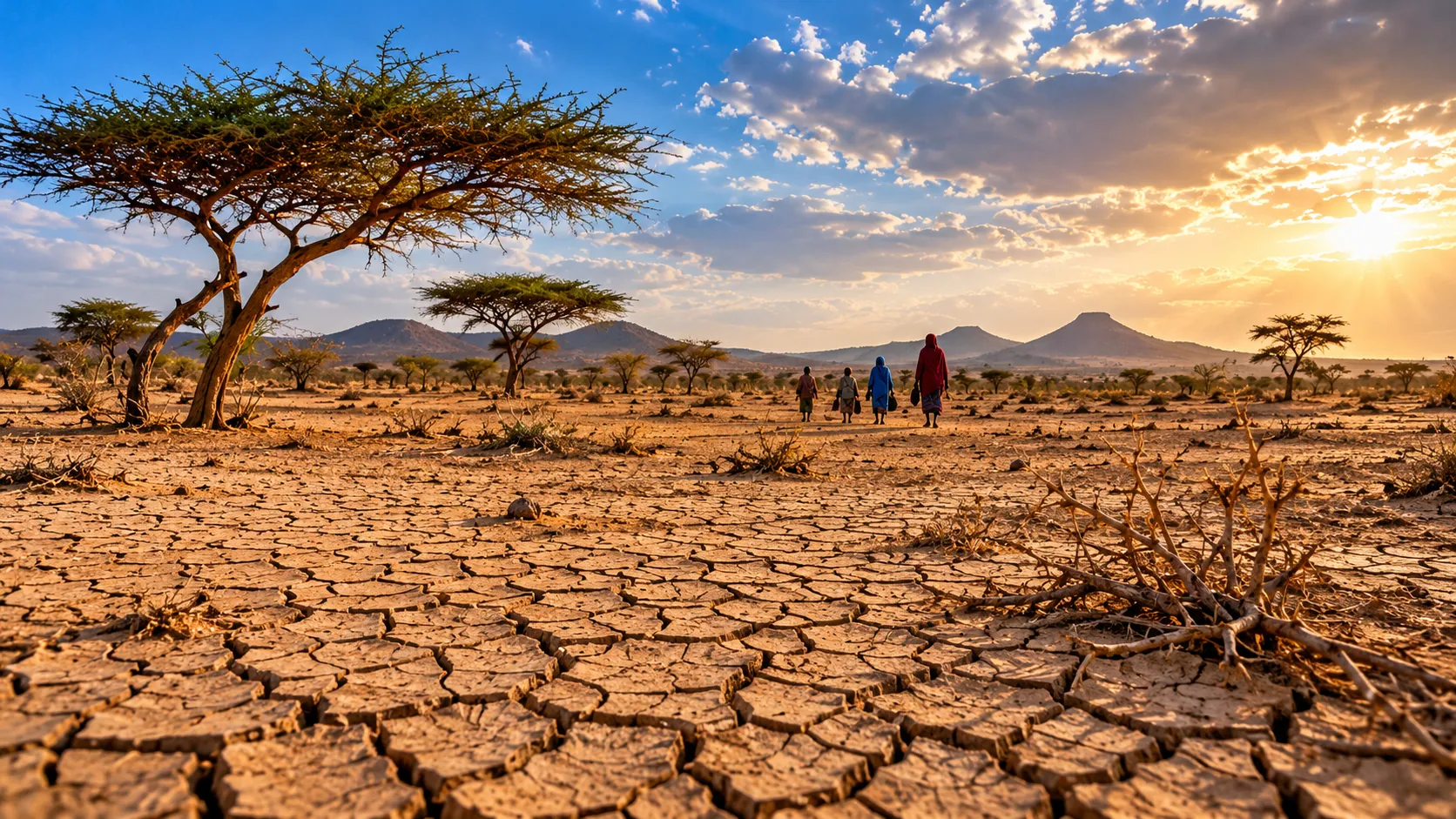 Dry, cracked ground and figures walking through a drought-affected landscape