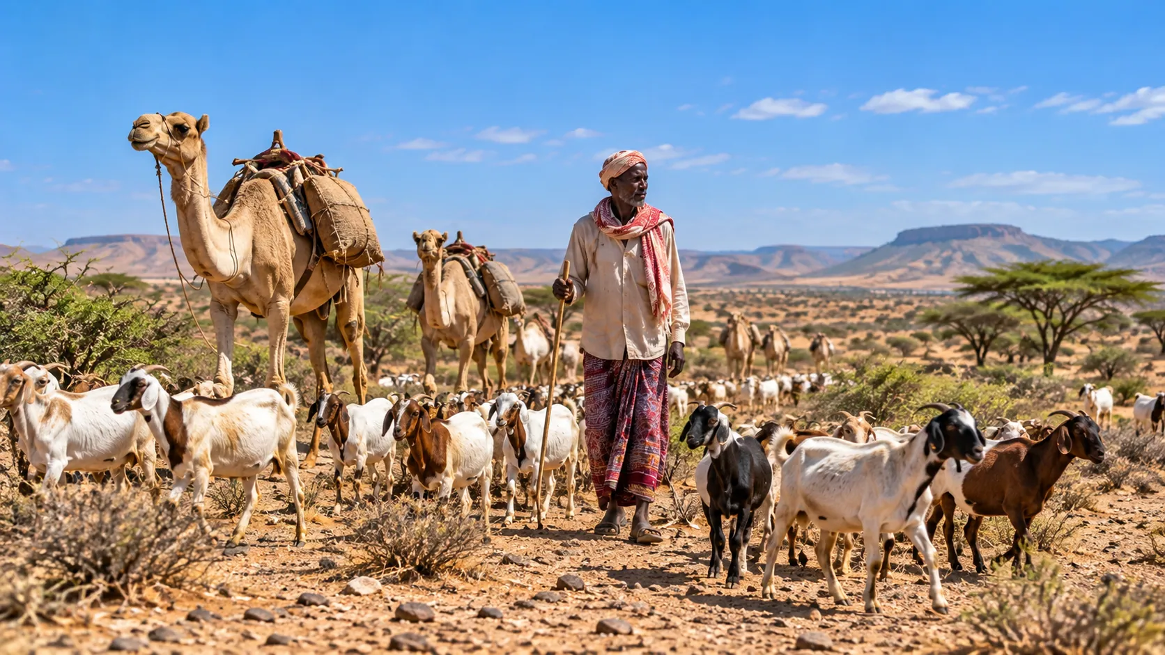 Pastoralist moving with camels and goats