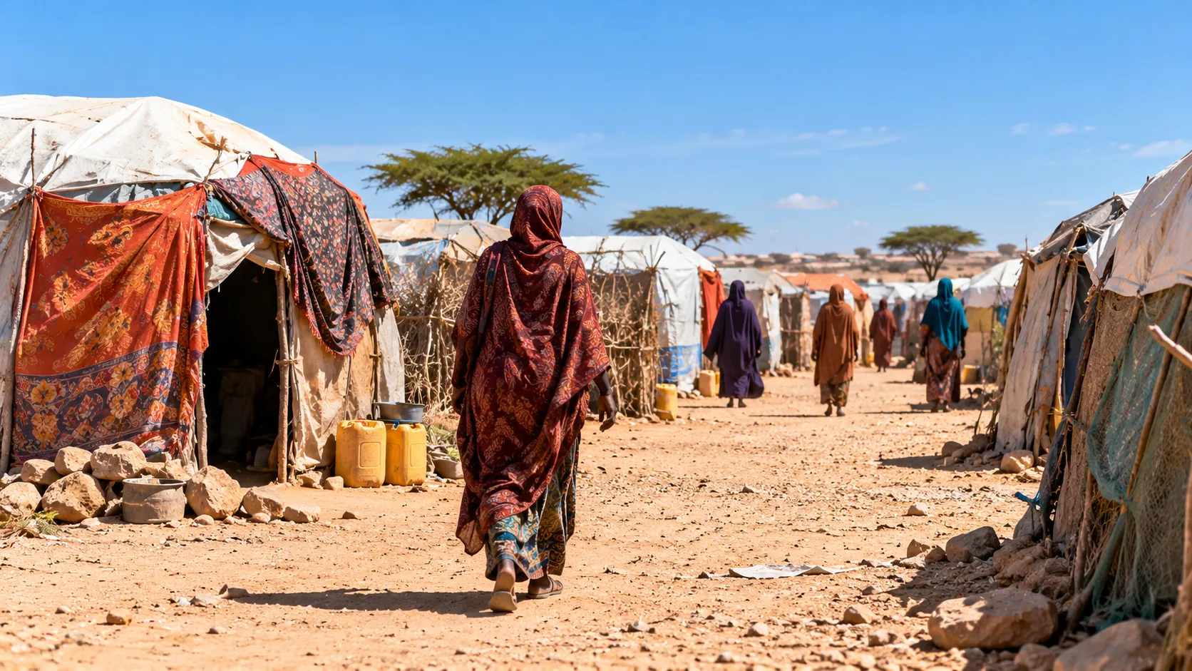 People moving along a path between temporary shelters