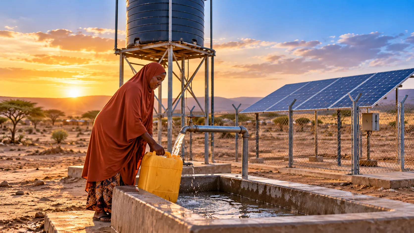 Woman collecting water from a solar-powered water supply