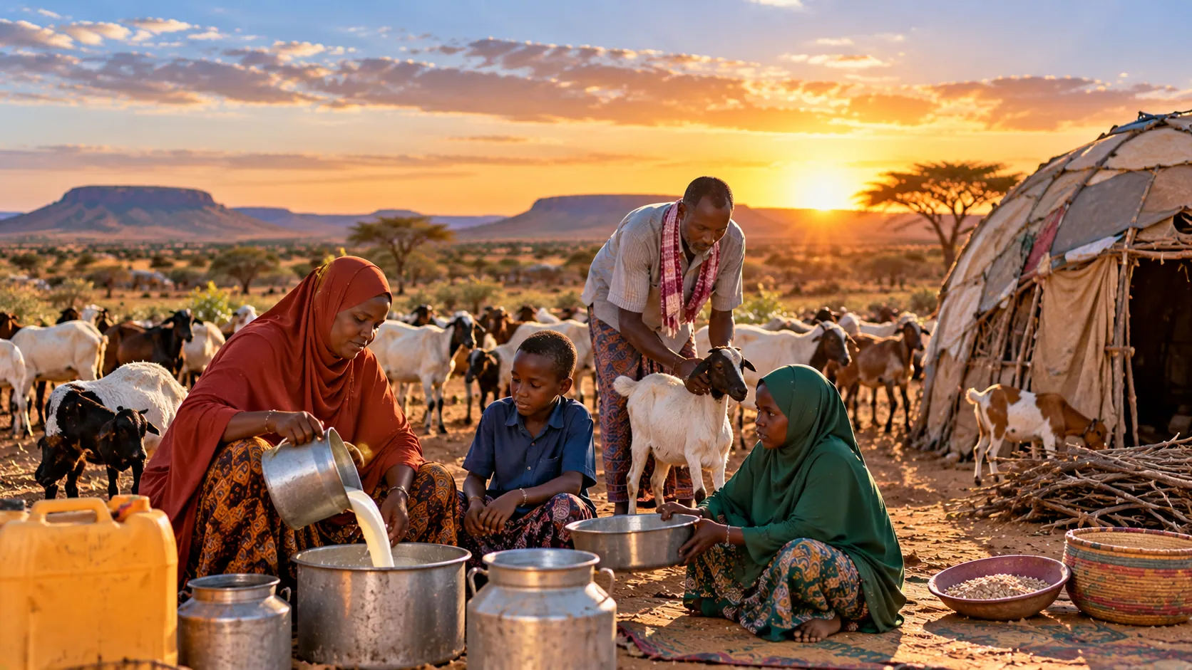 Pastoral family caring for livestock near a temporary shelter