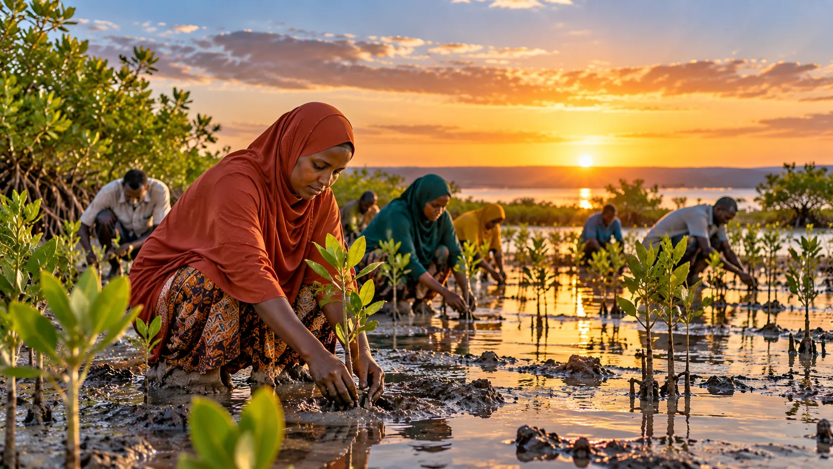 Community member planting young mangroves in a coastal wetland
