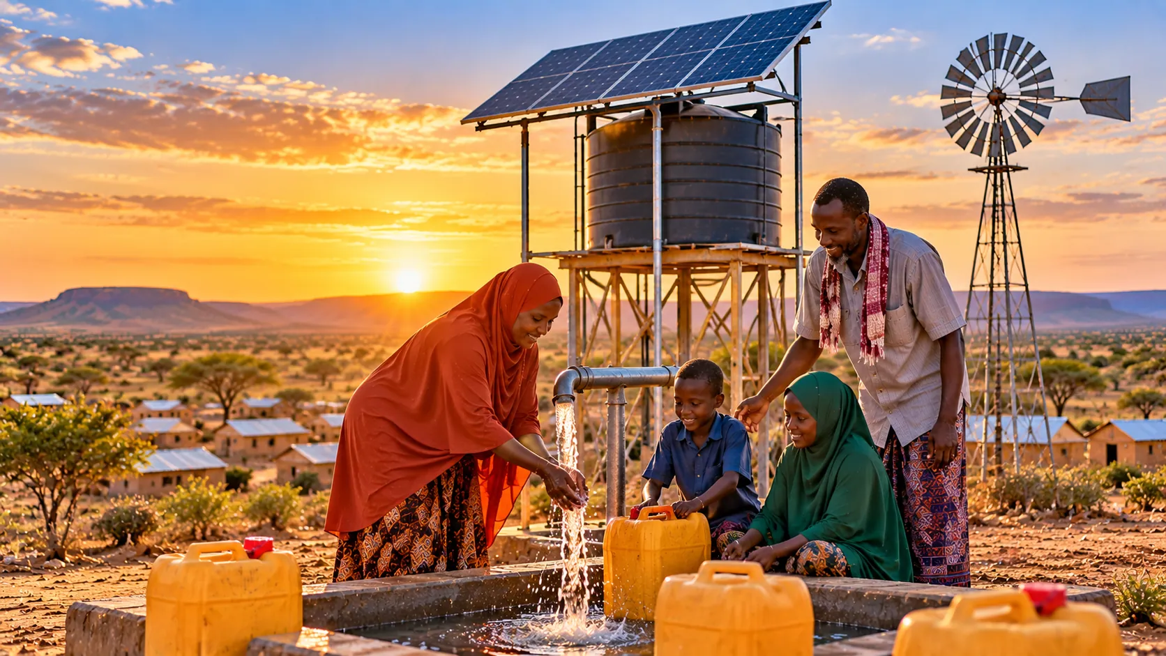 Family collecting water from a renewable-powered water point