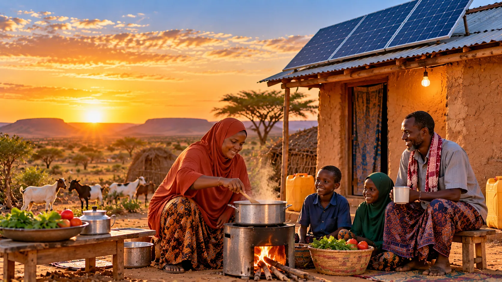 Family preparing a meal outside a home with a solar installation
