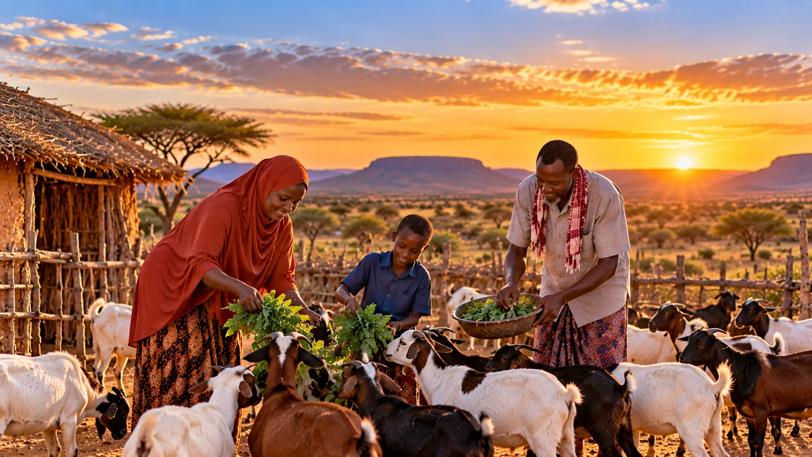 Household caring for goats in a pastoral landscape